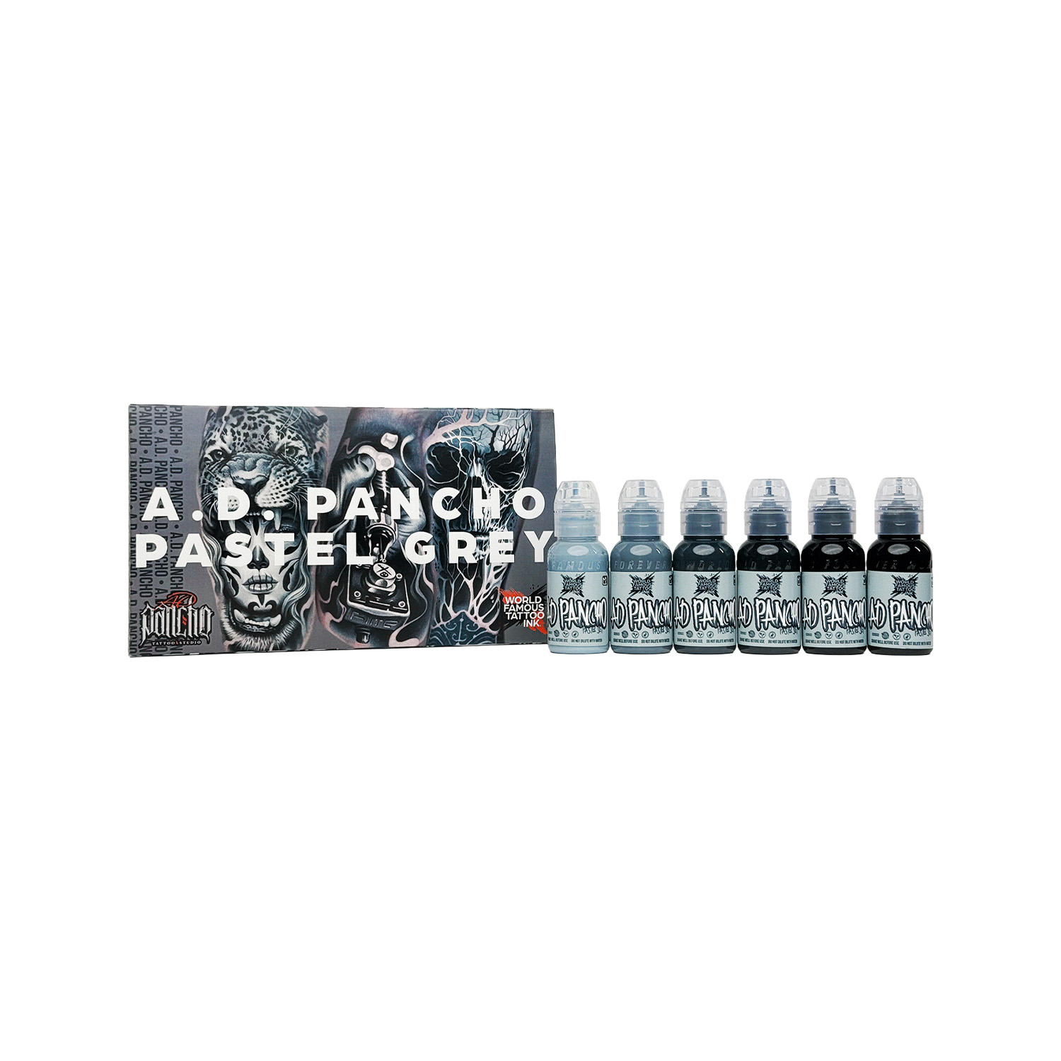 World Famous Ink A.D. Pancho Pastel Grey Set – Six Bottles of 30 ml Tattoo Ink on White Background