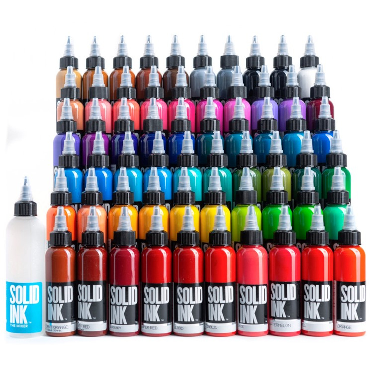 SOLID INK - 60 COLOUR SET WITH MIXER 1OZ 30ML - SAVIOUR TATTOO SUPPLIES