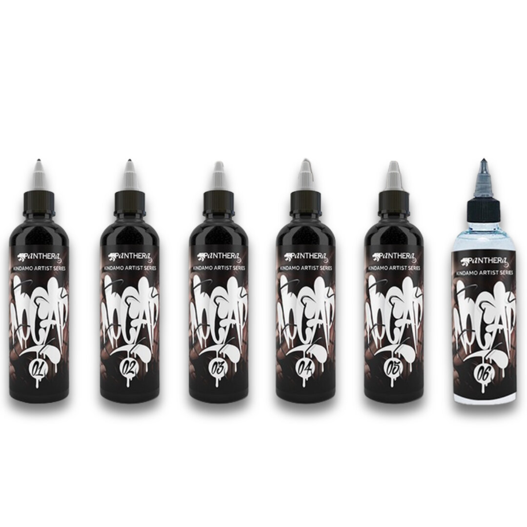 panthera kindamo set x6 150ml - saviour tattoo supplies - bottles out