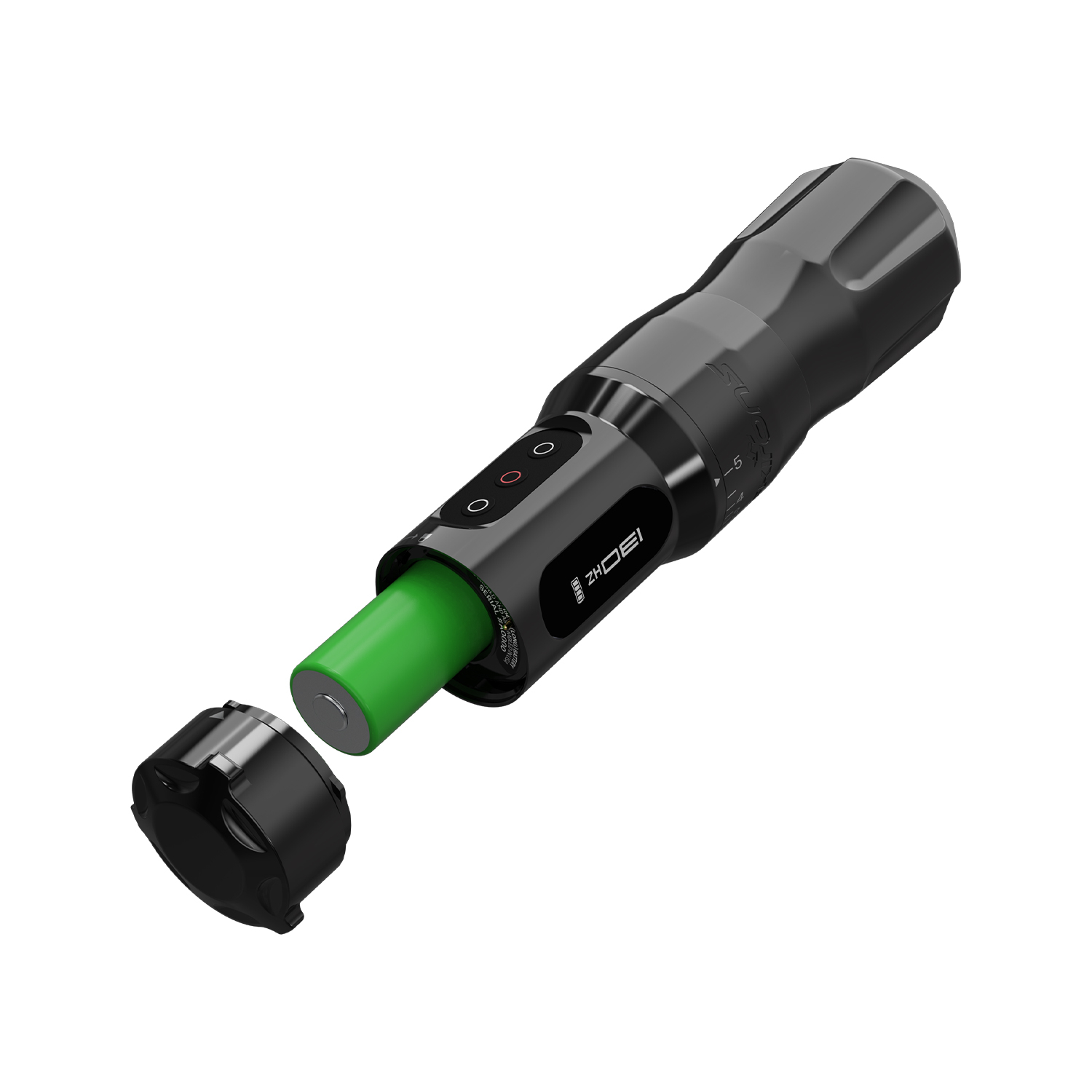 Close-up of FK One Adjust Stealth rotary tattoo pen – precision-engineered aluminium body and dual battery system.