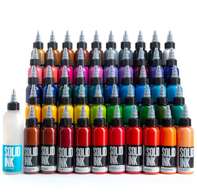 Solid Ink 50 Colour Set 1oz professional tattoo ink collection with 50 vibrant colours and mixer bottle - Saviour Tattoo Supplies