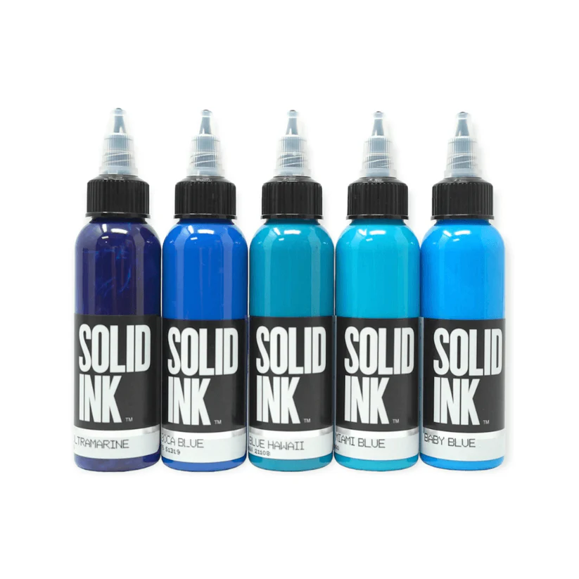 solid ink blue 1oz set hero shot - saviour tattoo supplies