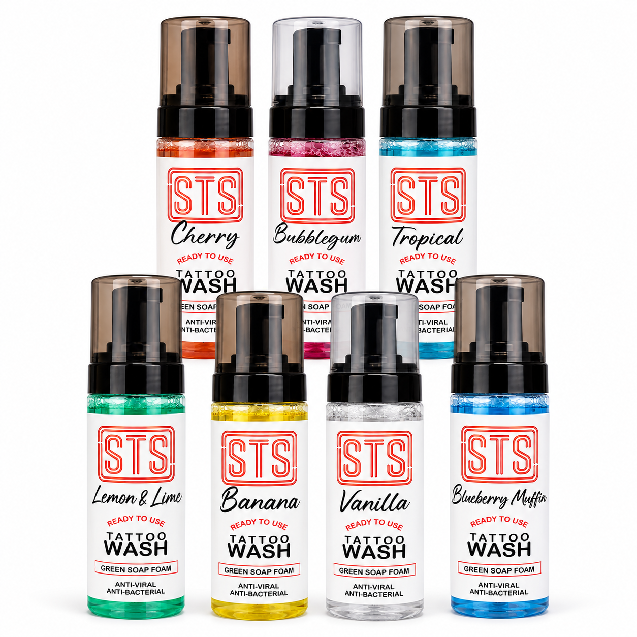 STS Foaming Green Soap 200ml – Seven Scents Seven STS Foaming Green Soap bottles in Cherry, Bubblegum, Tropical, Lemon & Lime, Banana, Vanilla and Blueberry Muffin