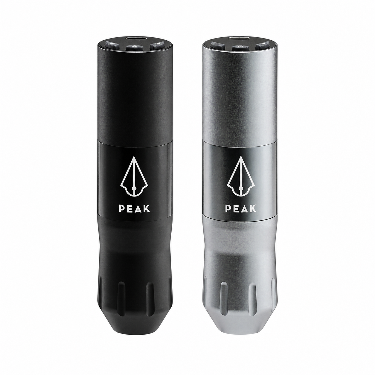 Peak S1MP wireless tattoo machines in Black and Gunmetal side by side on a white background