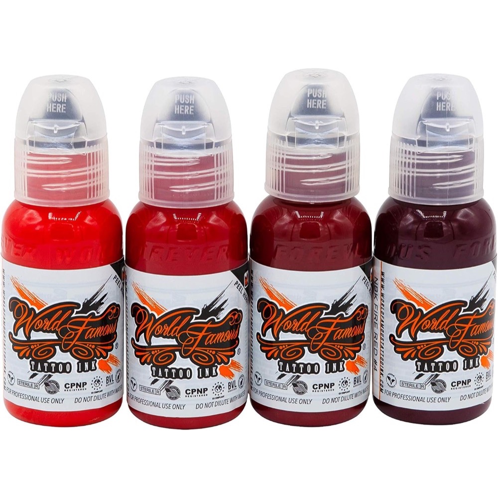World Famous Ink Dima NBK Fire Red Set with four 30ml bottles of Fire Red #1, #2, #3 and #4